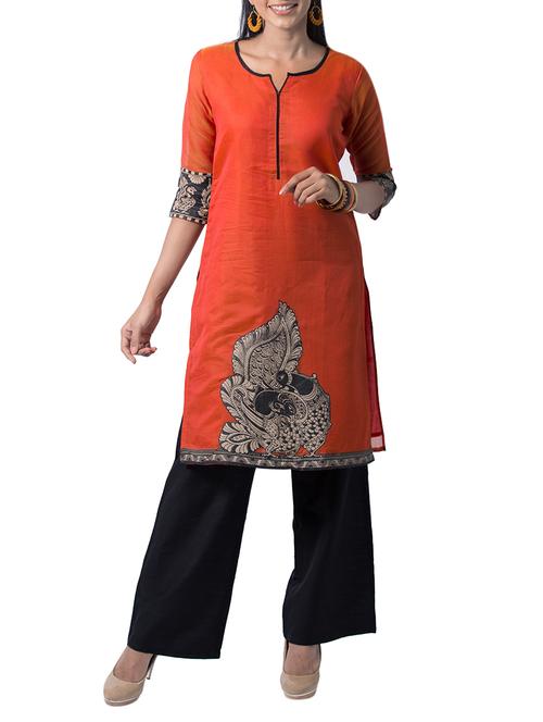 orange chanderi silk straight kurta - 14478574 - Very Small Image - 1
