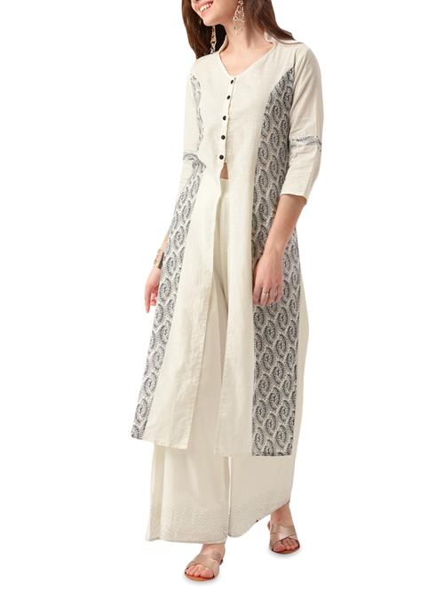 beige cotton high slit kurta - 14479114 - Very Small Image - 1