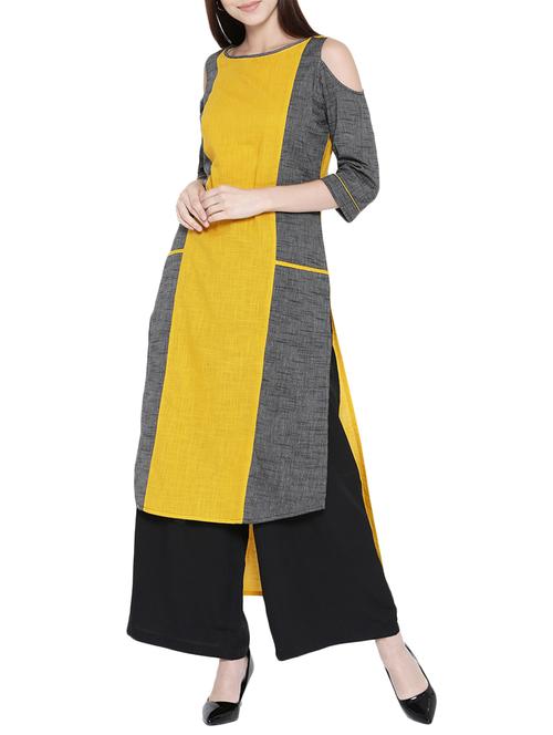 yellow cotton high low kurta - 14479127 - Very Small Image - 1