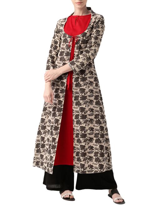 brown & red cotton layered A-line kurta - 14479133 - Very Small Image - 1