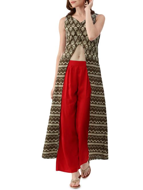 olive green cotton high slit kurta - 14479134 - Very Small Image - 1