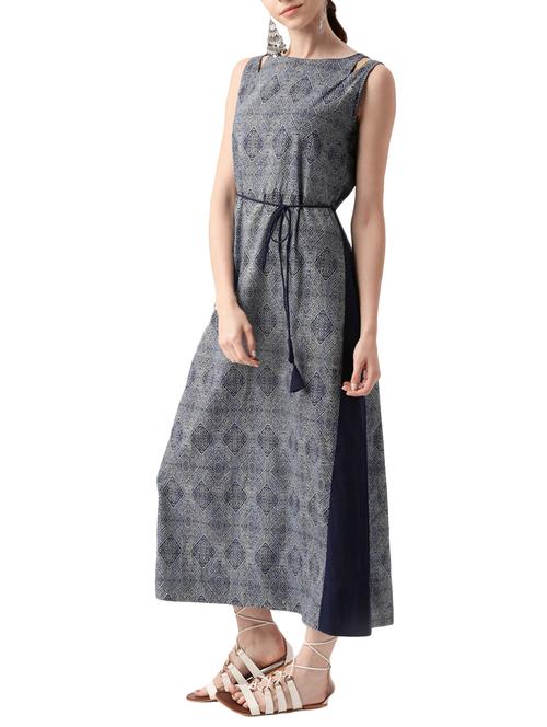 navy blue cotton fusion kurta - 14479153 - Very Small Image - 1