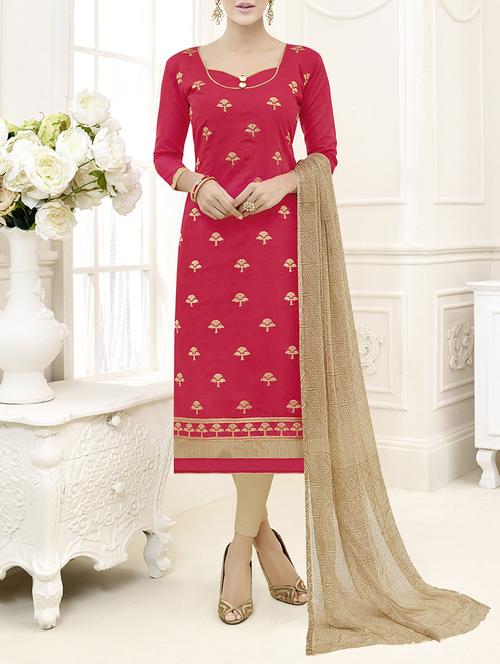red chanderi cotton churidaar suits dress material - 14479282 - Very Small Image - 1