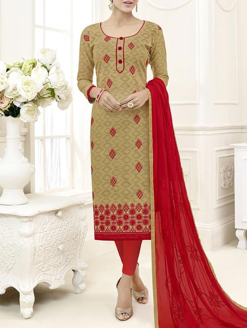 beige chanderi cotton churidaar suits dress material - 14479296 - Very Small Image - 1