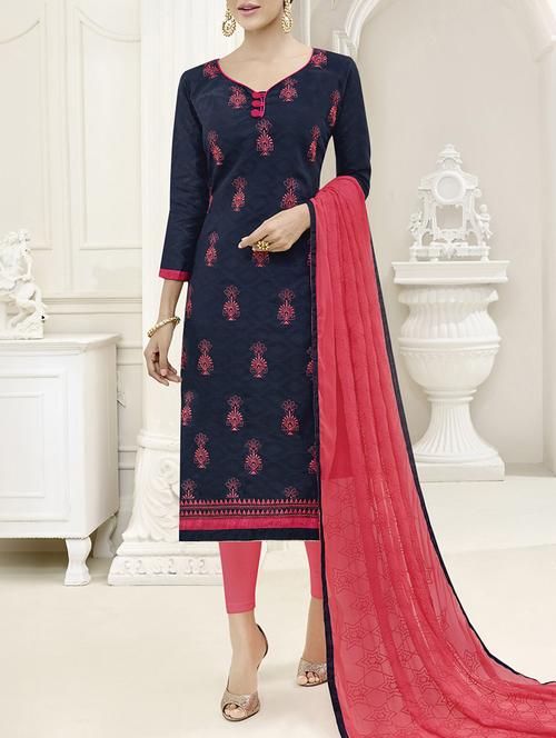 blue chanderi cotton churidaar suits dress material - 14479302 - Very Small Image - 1