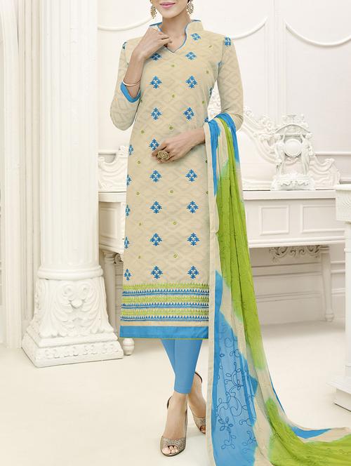 beige chanderi cotton churidaar suits dress material - 14479305 - Very Small Image - 1