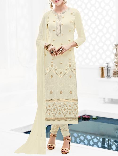 white chanderi cotton churidaar suits dress material - 14479309 - Very Small Image - 1