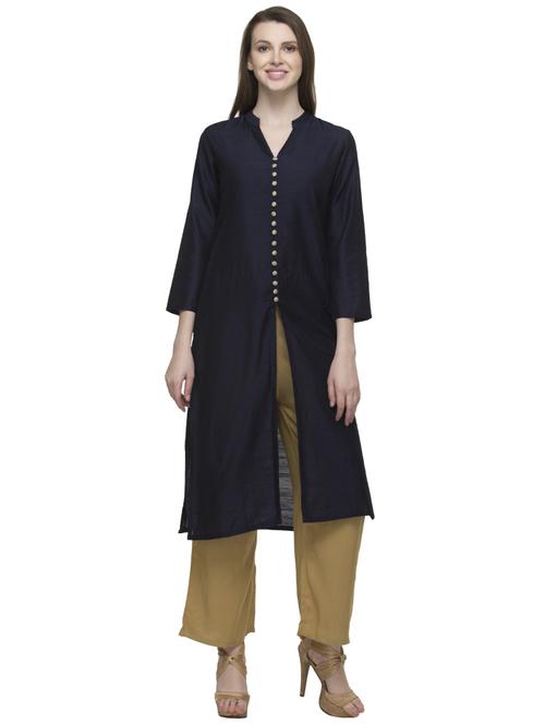 blue silk blend high slit kurta - 14479336 - Standard Image - 1