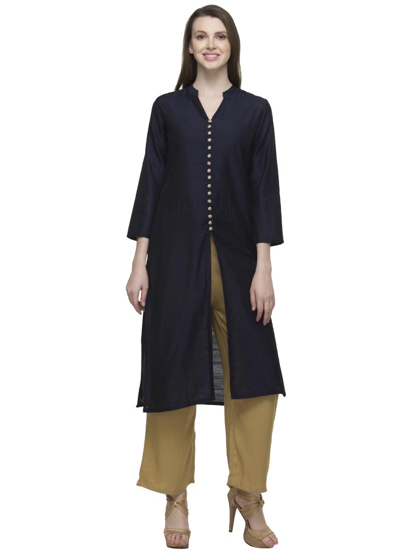 blue silk blend high slit kurta - 14479336 - Zoom Image - 1