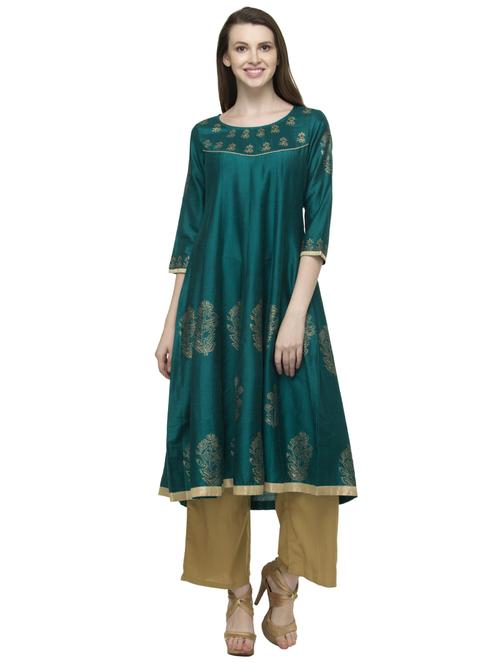 green silk blend flared kurta - 14479343 - Very Small Image - 1