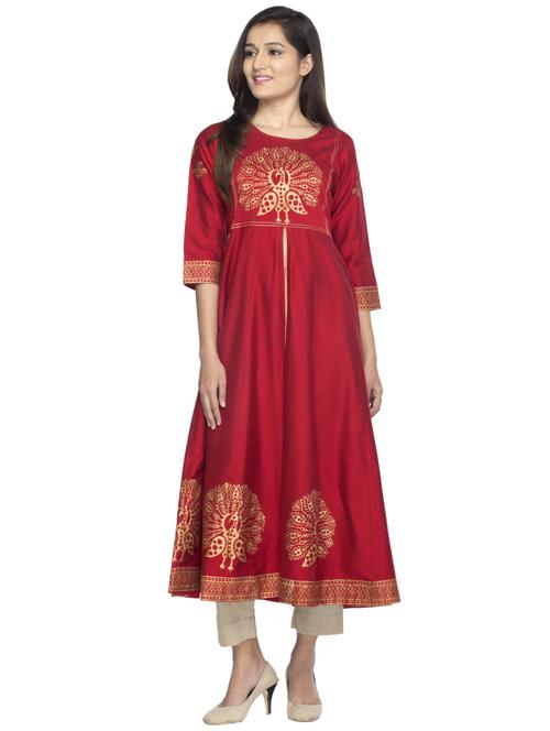 red silk blend flared kurta - 14479345 - Very Small Image - 1