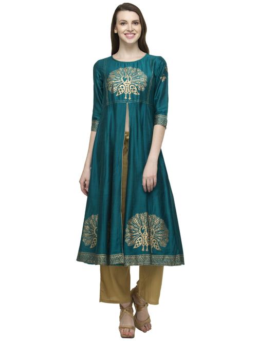 green silk blend high slit kurta - 14479346 - Very Small Image - 1