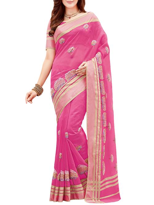 pink cotton embroidered saree with blouse - 14479373 - Very Small Image - 1
