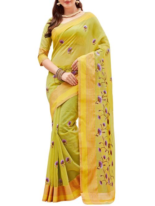 green cotton embroidered saree with blouse - 14479374 - Very Small Image - 1