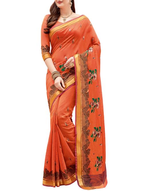 orange cotton embroidered saree with blouse - 14479378 - Very Small Image - 1