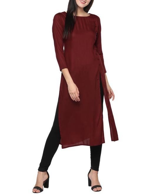 maroon viscose high slit kurta - 14479842 - Standard Image - 1