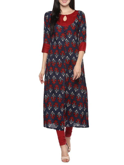 blue colored viscose high slit kurta - 14479851 - Standard Image - 1