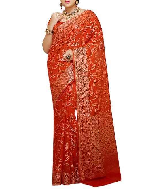 red Banarasi Pure Silk Chiffon Saree with Blouse - 14480410 - Very Small Image - 1