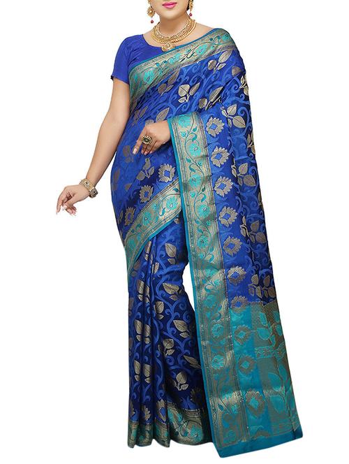 blue Banarasi Pure Silk dupion Saree with Blouse - 14480420 - Very Small Image - 1