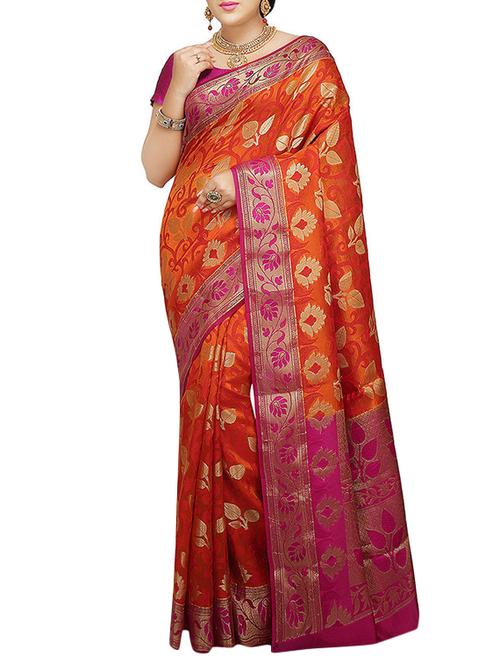 orange Banarasi Pure Silk dupion Saree with Blouse - 14480422 - Very Small Image - 1