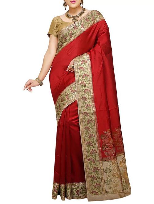 red Banarasi Pure Silk dupion Saree with Blouse with blouse - 14480427 - Very Small Image - 1