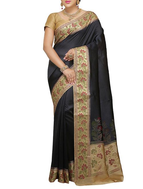 black Banarasi Pure Silk dupion Saree with Blouse with blouse - 14480430 - Very Small Image - 1