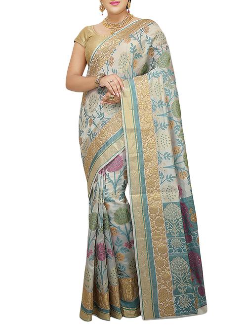 cream Banarasi Pure Silk dupion Saree with Blouse with blouse - 14480443 - Very Small Image - 1