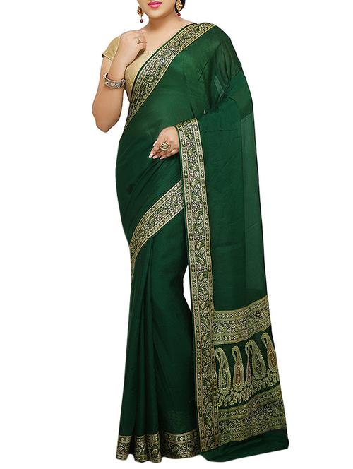 green Banarasi Pure Silk Chiffon Saree with Blouse with blouse - 14480456 - Very Small Image - 1