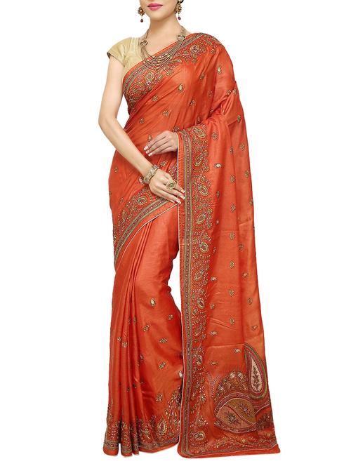 orange embroidered Banarasi Pure Tusser Silk Saree with Blouse - 14480458 - Very Small Image - 1