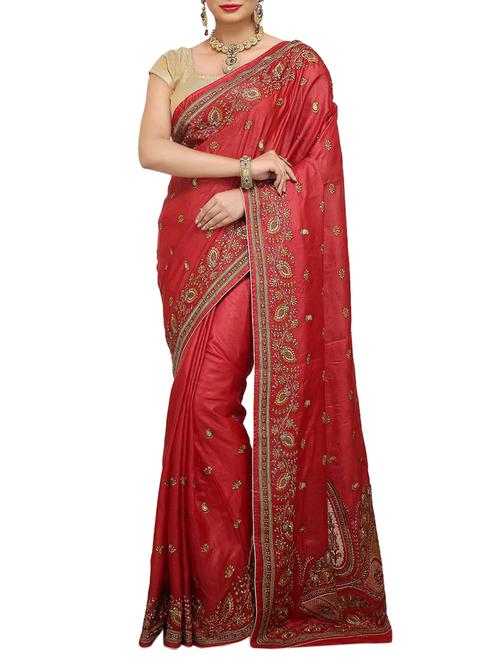 maroon embroidered Banarasi Pure Tusser Silk Saree with Blouse - 14480459 - Very Small Image - 1