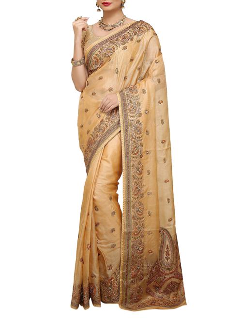 beige embroidered Banarasi Pure Tusser Silk Saree with Blouse with blouse - 14480461 - Very Small Image - 1