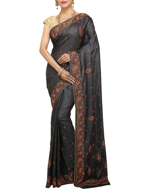 black embroidered Banarasi Pure Tusser Silk Saree with Blouse - 14480463 - Very Small Image - 1