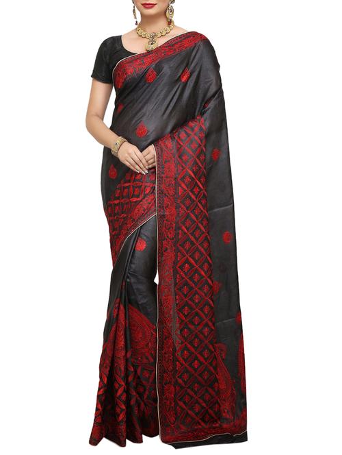black embroidered Banarasi Pure Tusser Silk Saree with Blouse with blouse - 14480465 - Very Small Image - 1