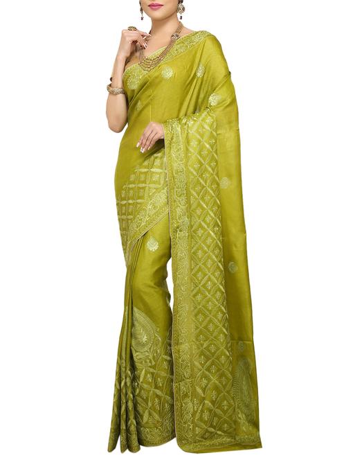 mehandi embroidered Banarasi Pure Tusser Silk Saree with Blouse with blouse - 14480470 - Very Small Image - 1