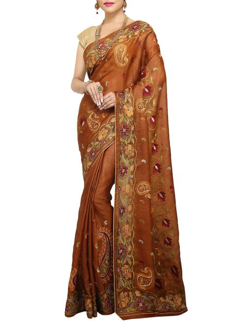 brown embroidered Banarasi Pure Tusser Silk Saree with Blouse - 14480473 - Very Small Image - 1