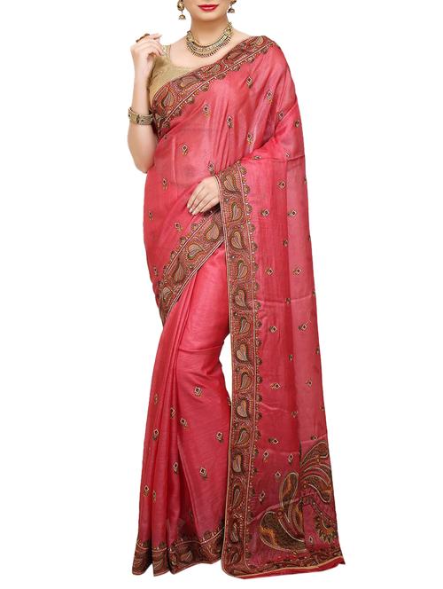 pink Banarasi Pure Tusser Silk Saree with Blouse with blouse - 14480481 - Very Small Image - 1
