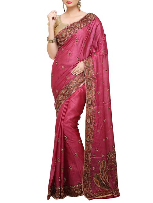 pink embroidered Banarasi Pure Tusser Silk Saree with Blouse with blouse - 14480483 - Very Small Image - 1