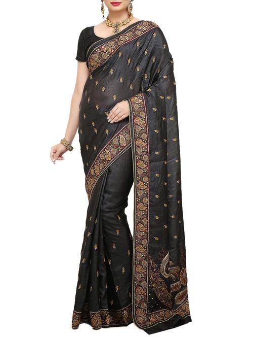 black Banarasi Pure Tusser Silk Saree with Blouse with blouse - 14480487 - Very Small Image - 1