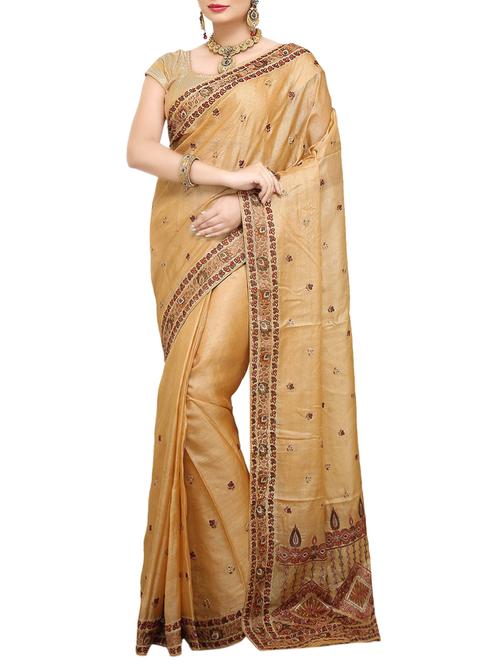 beige embroidered Banarasi Pure Tusser Silk Saree with Blouse with blouse - 14480493 - Very Small Image - 1