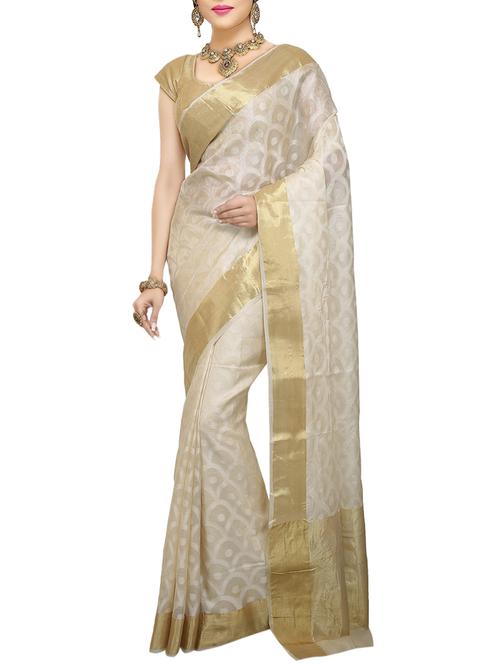 cream Banarasi Pure Tusser Silk Saree with Blouse - 14480501 - Very Small Image - 1