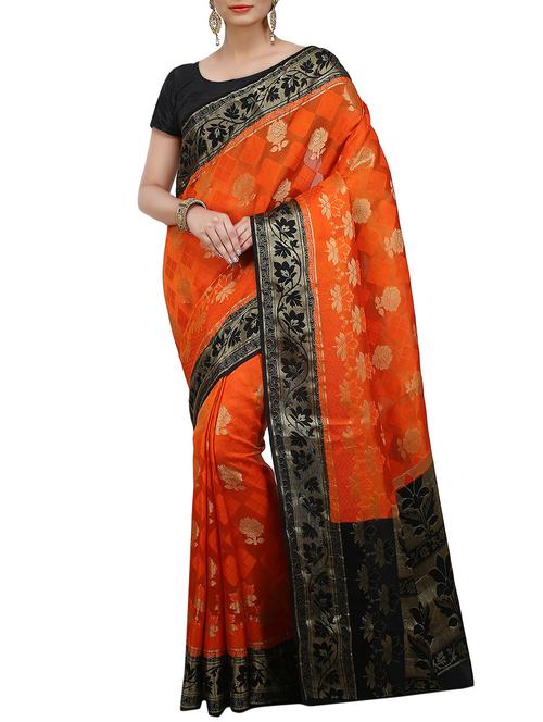 orange Banarasi Pure Silk dupion Saree with Blouse with blouse - 14480508 - Very Small Image - 1