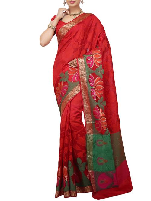 red Banarasi Pure Silk dupion Saree with Blouse with blouse - 14480516 - Very Small Image - 1