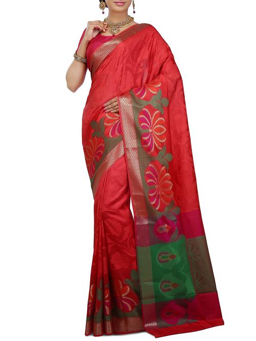 red Banarasi Pure Silk dupion Saree with Blouse with blouse - 14480519 - Very Small Image - 1