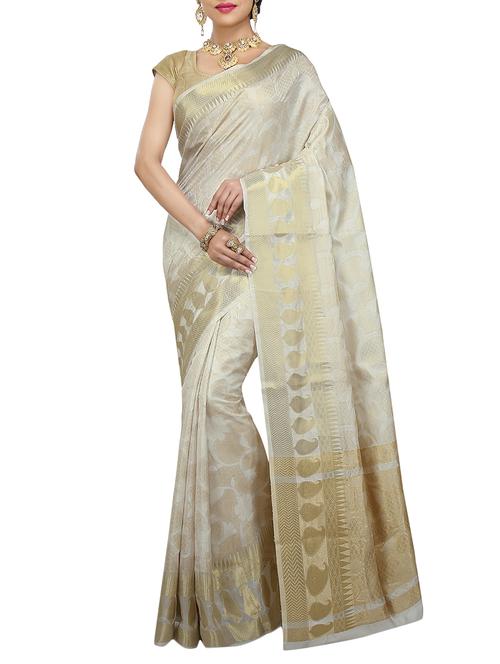 white Banarasi Pure Silk dupion Saree with Blouse - 14480526 - Very Small Image - 1