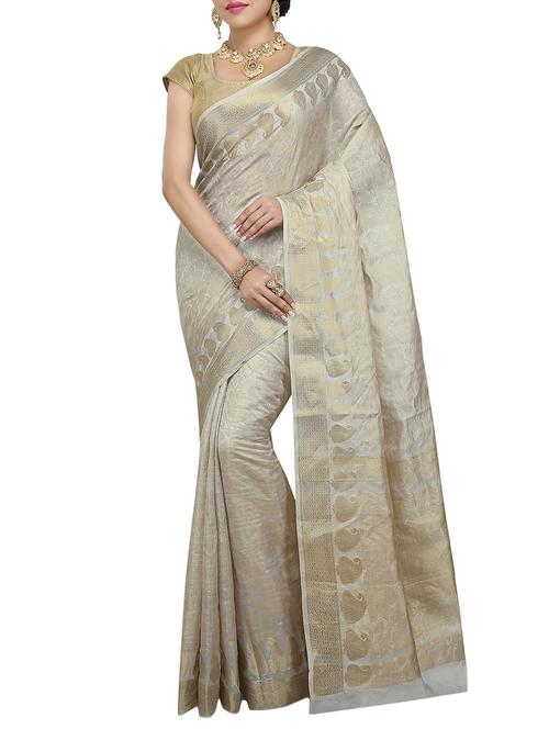 white Banarasi Pure Silk dupion Saree with Blouse - 14480533 - Very Small Image - 1