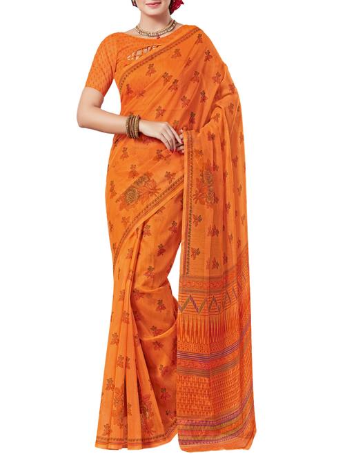orange cotton blend printed saree with blouse - 14481698 - Very Small Image - 1