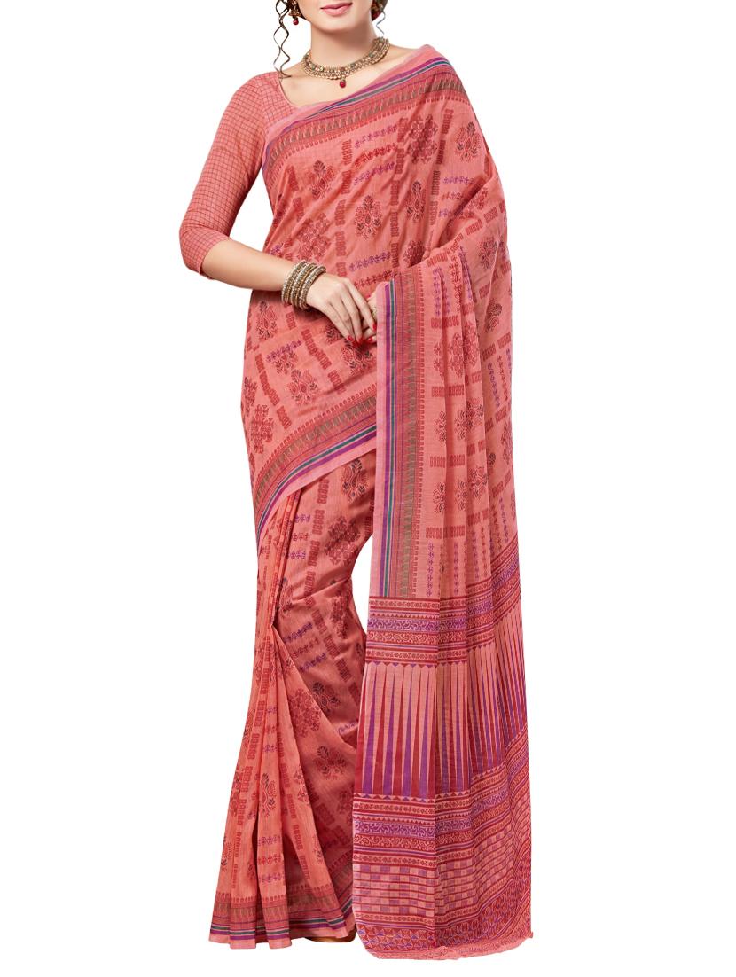 peach cotton blend printed saree with blouse