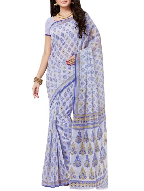 white cotton blend printed saree with blouse - 14481702 - Very Small Image - 1