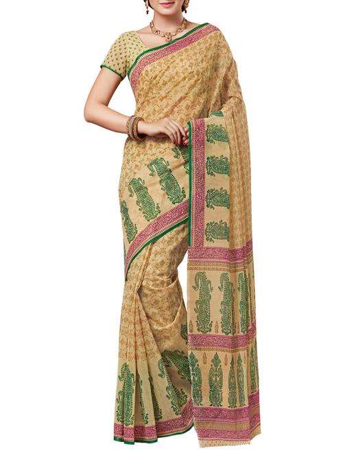 beige cotton blend printed saree with blouse - 14481713 - Very Small Image - 1