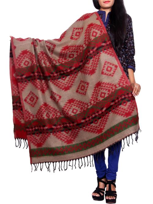 Beige & red wool reversible shawl - 14482168 - Very Small Image - 1